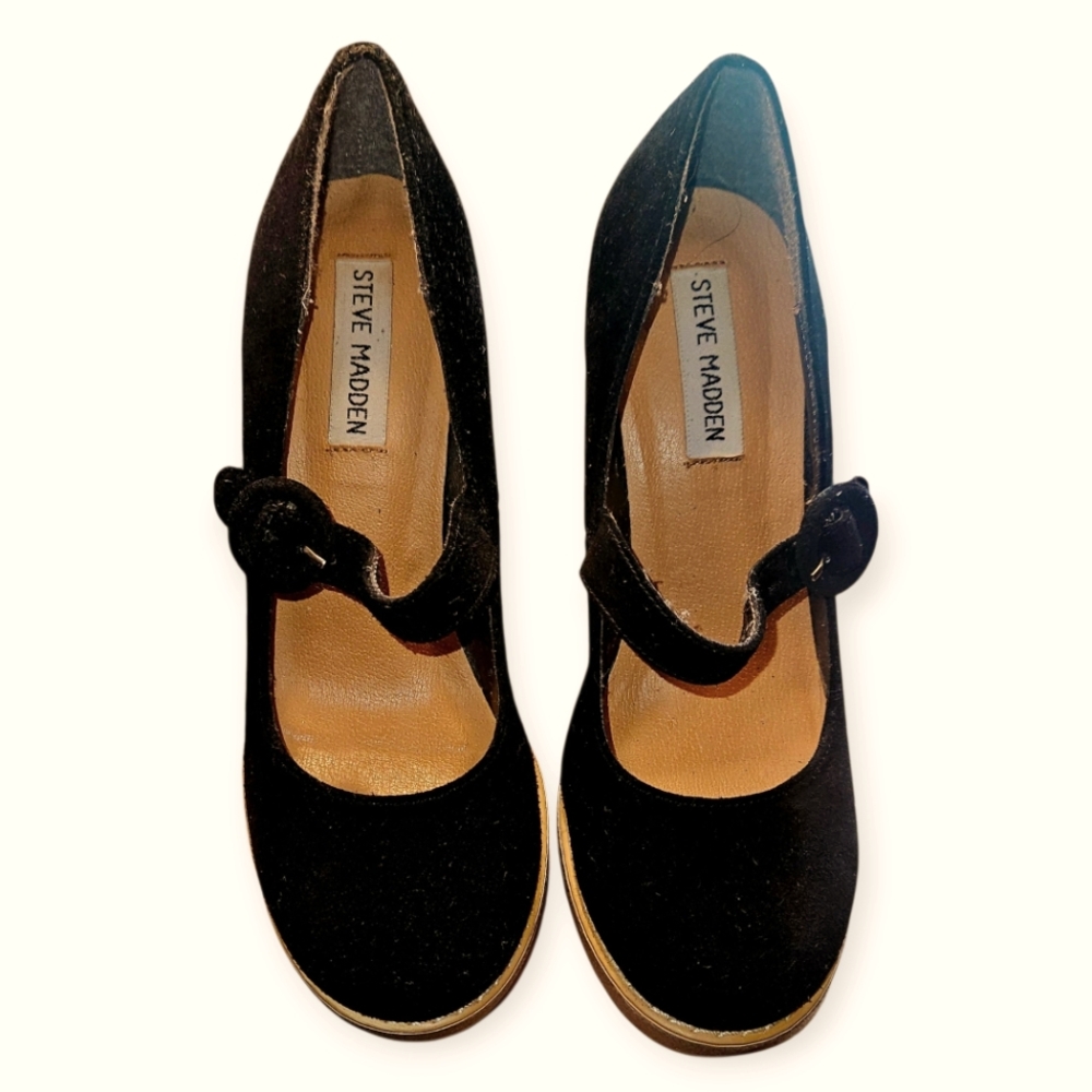 Vintage Steve Madden Black Suede Gothic Mod  Platform Doll Heels Mary Janes 6 - Picture 3 of 6